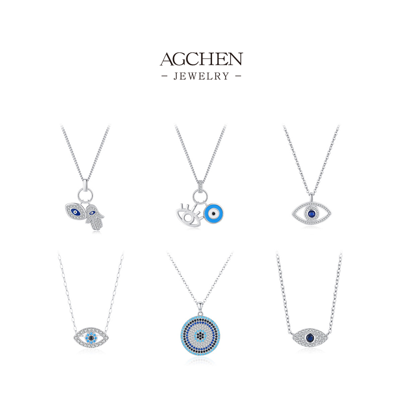 AGCHEN Multi Charm Evil Eye Necklace 925 Sterling Silver Bohemian Protection Jewelry AGRHN1368