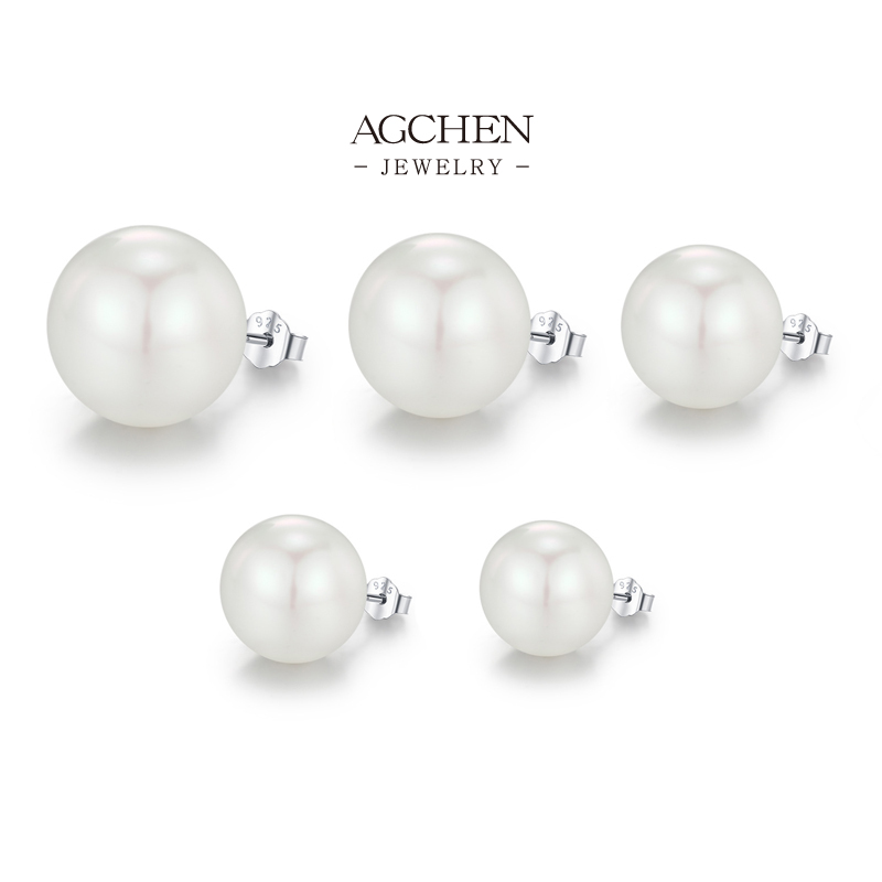 AGCHEN Pearl Stud Earrings 925 Sterling Silver Multi Size Classic Collection AGRHE1573