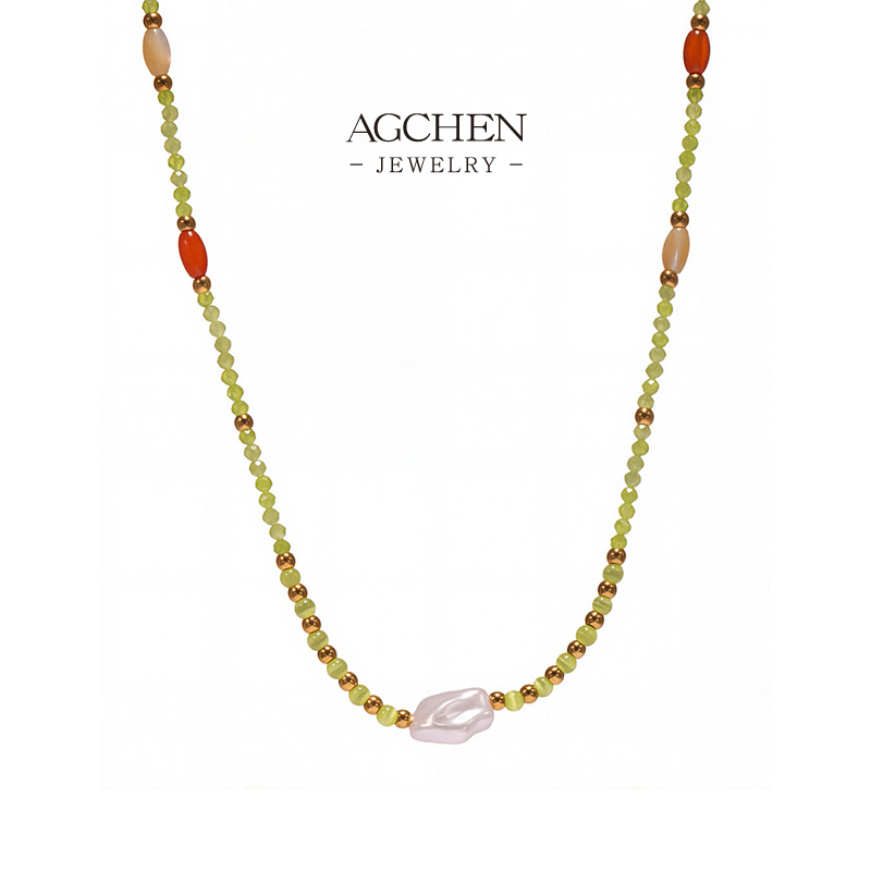 AGCHEN Stainless Steel Beaded Charm Necklace Stackable Layered Jewelry AGP1268 