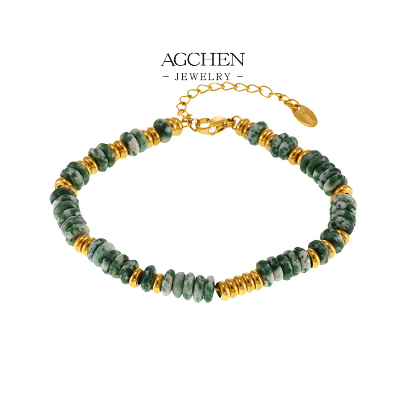 AGCHEN Stainless Steel Full Circle Natural Gemstone Bracelet Healing Crystal Jewelry AGE589