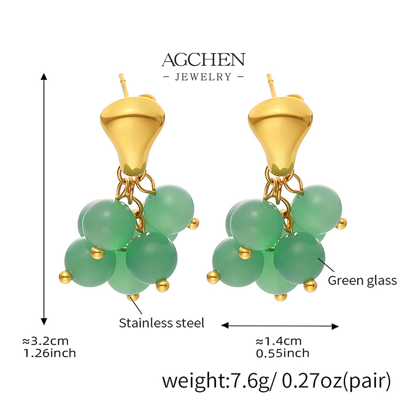 AGCHEN Stainless Steel Natural Stone Grape Cluster Earrings Unique Fruit Design AGF039