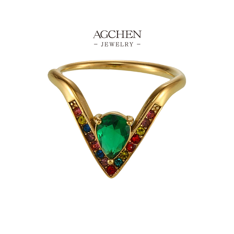 AGCHEN Stainless Steel Vintage V Shape Zirconia Ring Retro Design Jewelry Custom Manufacturer Small MOQ AGA976
