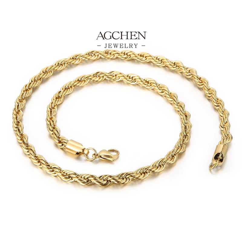 AGCHEN Stainless Steel Twisted Rope Chain Necklace And Bracelet Set Matching Gift Jewelry AGH721