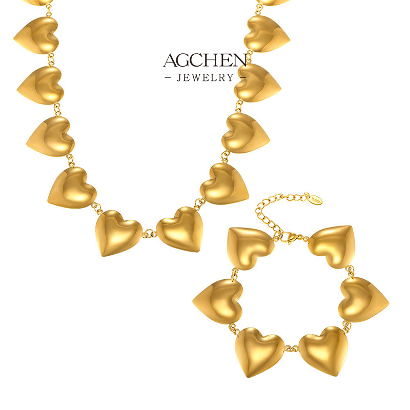 AGCHEN Hollow Mirror Heart Jewelry Set Gold Accent Necklace Bracelet Earrings AGTXP227