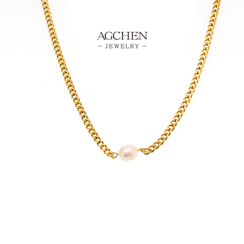 AGCHEN Stainless Steel Pearl Chain Necklace Minimalist Dainty Jewelry AGP539