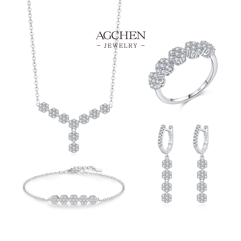 AGCHEN Bridal White Zircon Necklace .925 Sterling Silver Wedding Jewelry AGRHS1914