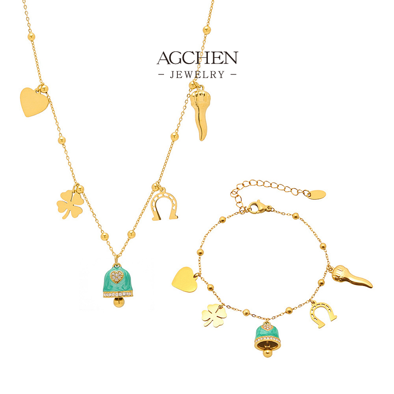 AGCHEN Multi Charm Jewelry Set Horsehoe Bell Clover Chili Heart Pendant Collection AGTXP287 