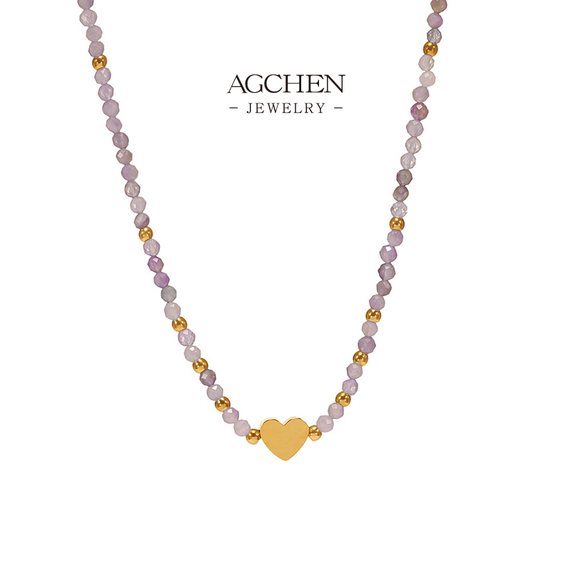 AGCHEN Beaded Heart Pendant Necklace Stainless Steel Romantic Token Jewelry AGP1336