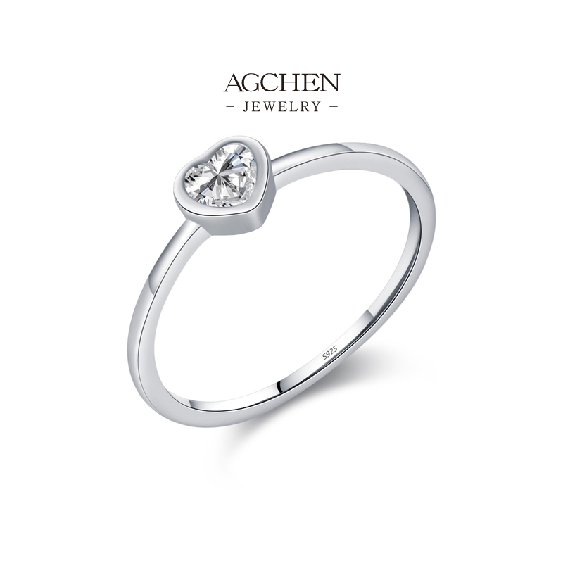 AGCHEN 925 Silver Heart Zirconia Ring Romantic Promise Jewelry Anniversary Gift For Her AGMSR0052 