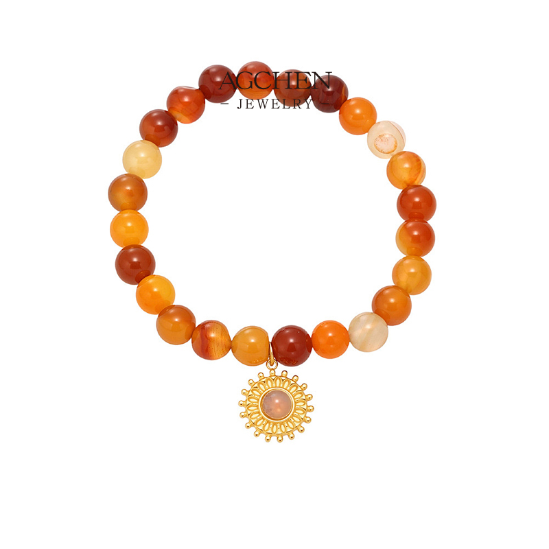 AGCHEN Stainless Steel Natural Stone Pendant Bracelet Quartz Tiger Eye Strawberry Quartz Collection AGE654
