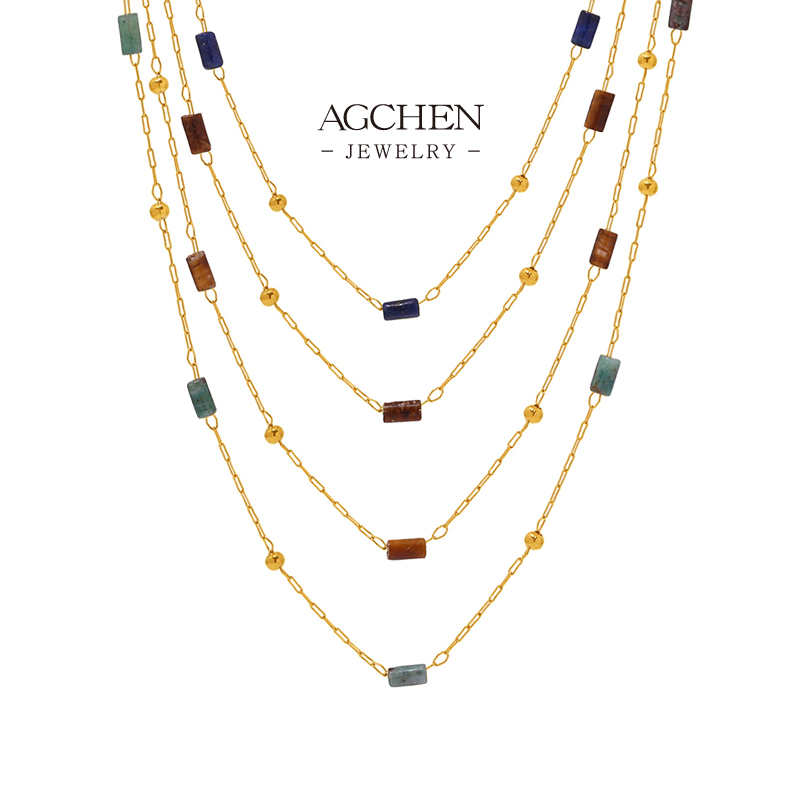 AGCHEN Stainless Steel Gemstone Color Necklace Collection Multicolor Birthstone Jewelry AGP1992