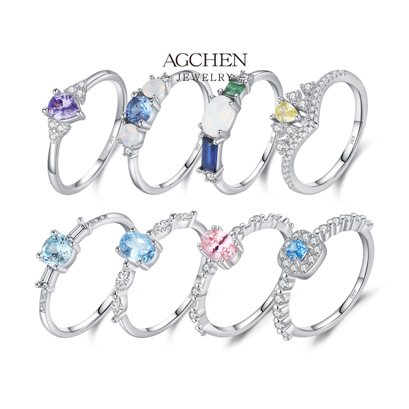 AGCHEN 925 Silver Multicolor Zirconia Ring Set Rainbow Gemstone Jewelry Stackable Everyday Style AGRHR1760