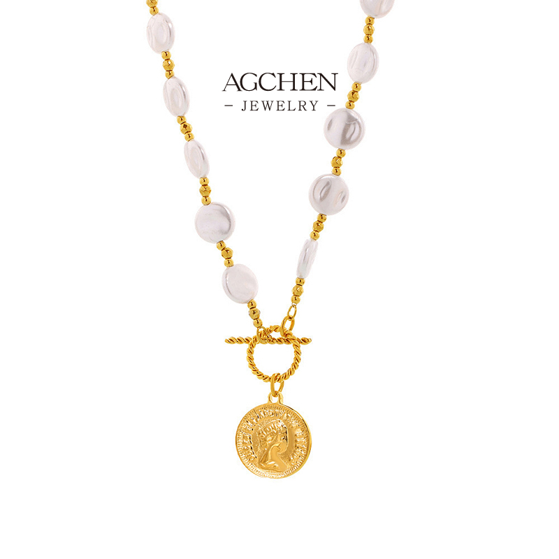 AGCHEN Coin and Pearl Pendant Necklace Stainless Steel Treasure Cache Jewelry AGP1307