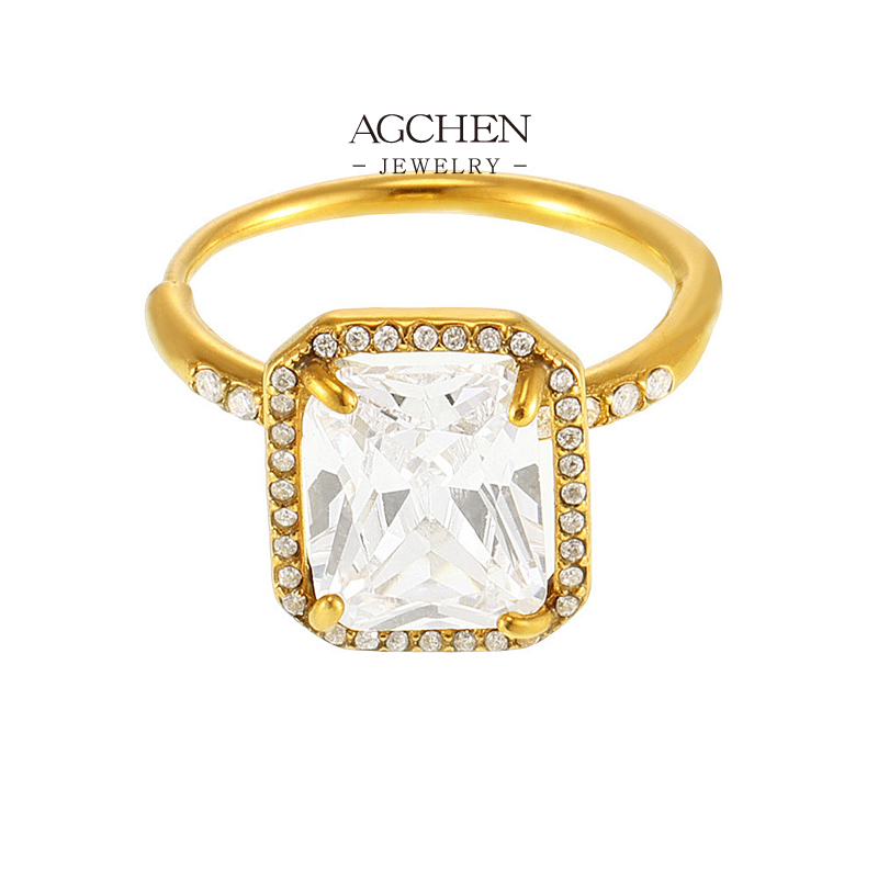 AGCHEN Stainless Steel Large Rectangle Zirconia Ring Statement Jewelry OEM Manufacturer Bulk Order AGA983