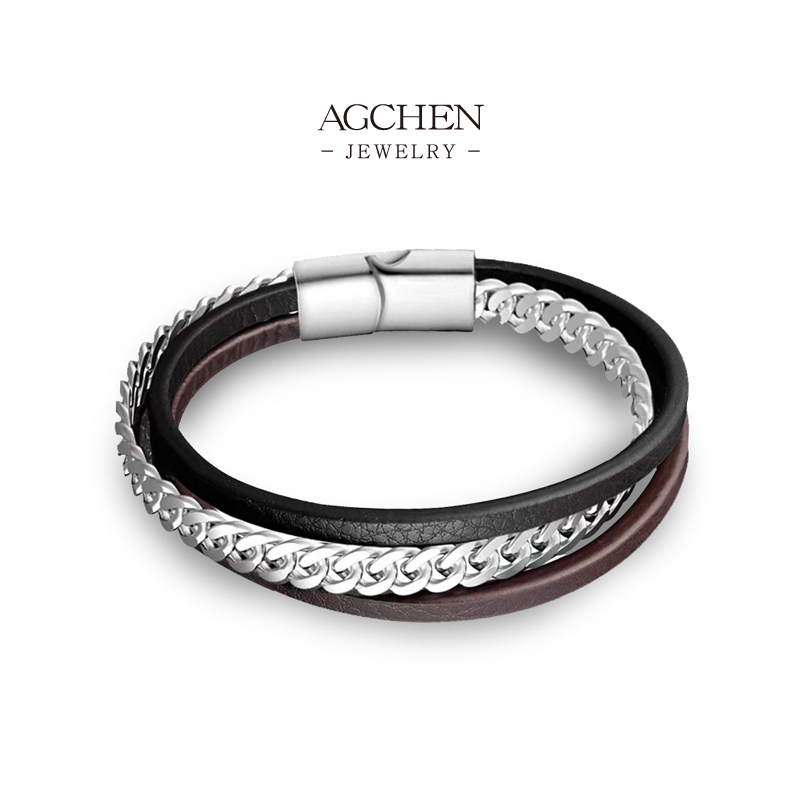 AGCHEN Men&rsquo;s Stainless Steel Leather Cord Bracelet Factory Price Small MOQ Supplier AGSL044