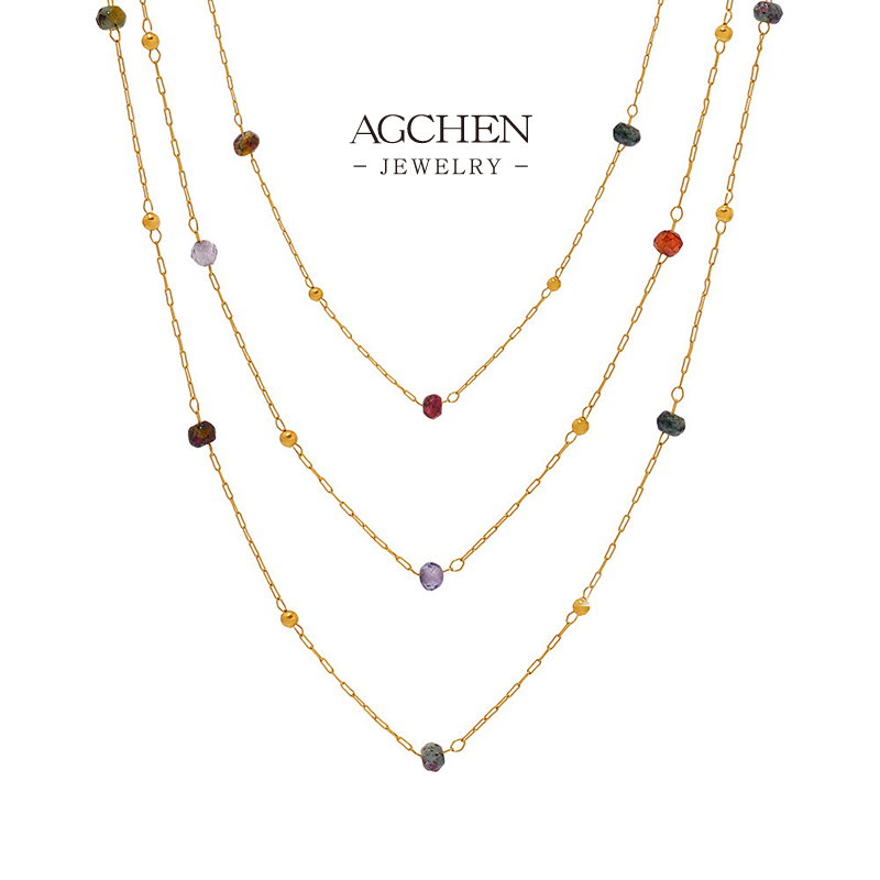 AGCHEN Stainless Steel Multicolor Bead Necklace Stackable Dainty Jewelry for Women AGP1991