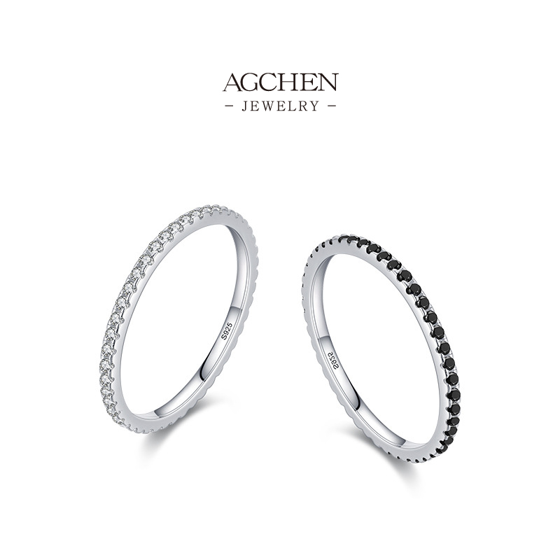 AGCHEN 925 Silver Black Zirconia Ring Dark Style Gothic Statement Jewelry Bold Everyday Wear AGRHR1057 