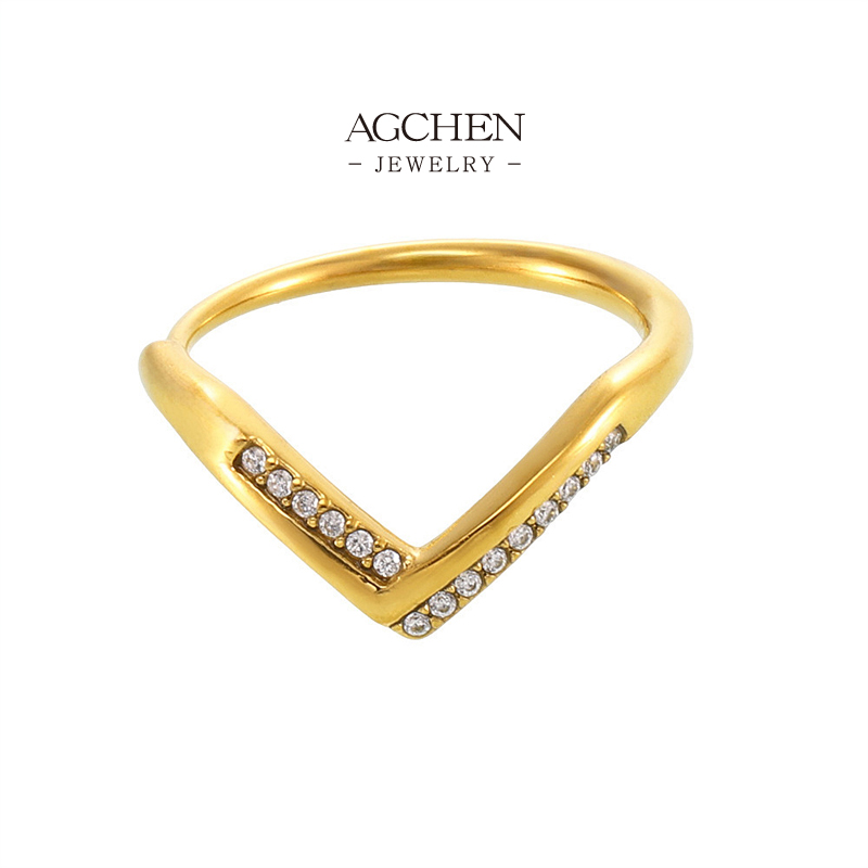 AGCHEN Stainless Steel V Shape Zirconia Ring Fashion Statement Jewelry Factory Price Small MOQ AGA984