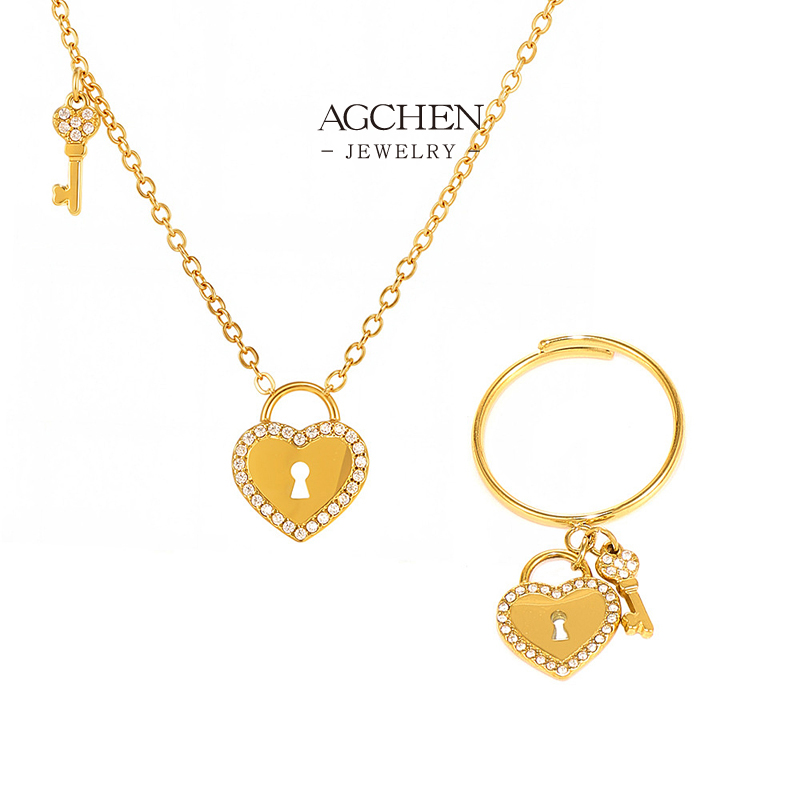 AGCHEN Heart And Lock Jewelry Set Necklace Bracelet Earrings Romantic Security Collection AGTXP299