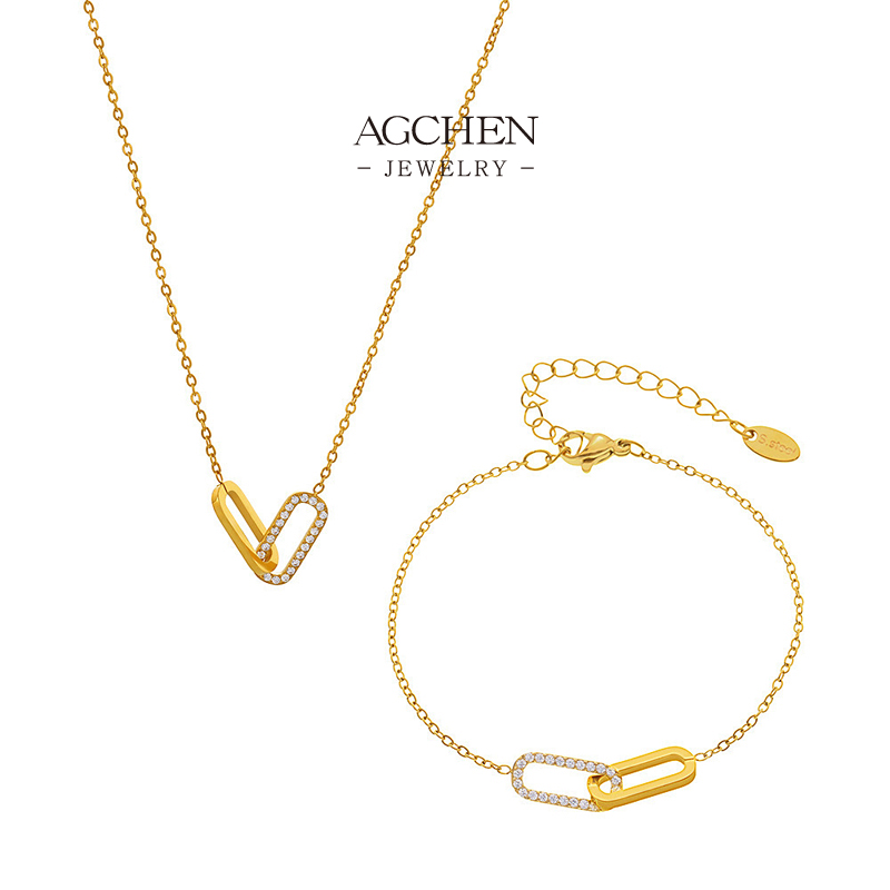 AGCHEN Double Oval Heart Shape Jewelry Set Necklace Bracelet Earrings Unique Love Design AGTXP238