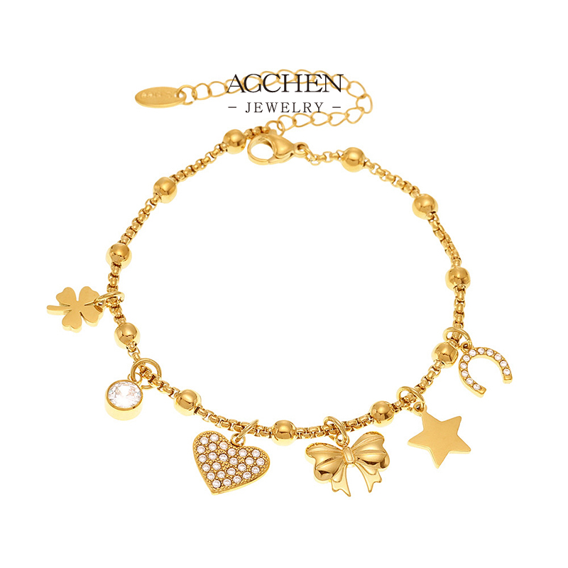 AGCHEN Stainless Steel Heart Bow Star Charm Bracelet Romantic Celestial Jewelry AG JEWELRY AGE635