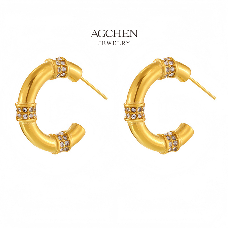 AGCHEN Stainless Steel C Shape Zirconia Accent Earrings Minimalist Sparkle Hoops AGF1414