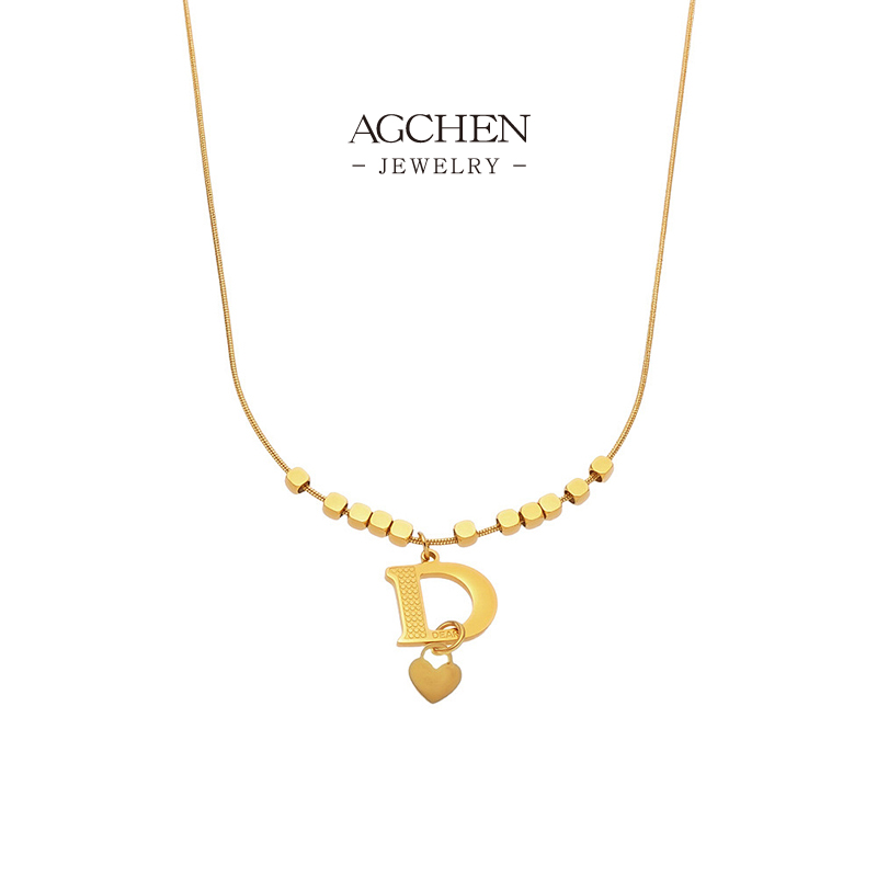AGCHEN Initial D Heart Pendant Necklace Stainless Steel Personalized Love Jewelry AGP1353