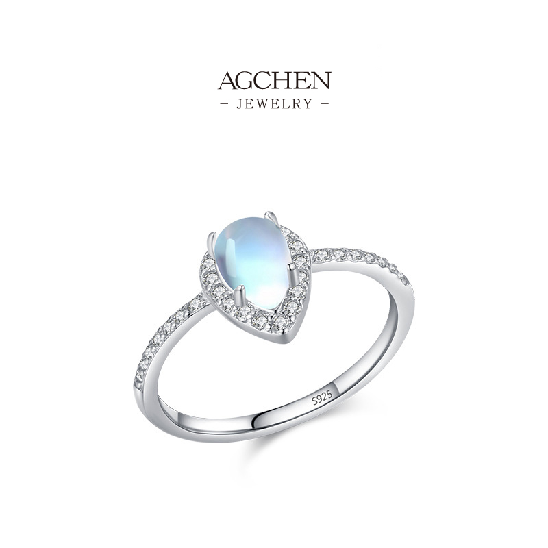 AGCHEN 925 Silver Moonstone Ring Natural Gemstone Birthstone Jewelry June Boho Stackable Gift AGRHR1233 