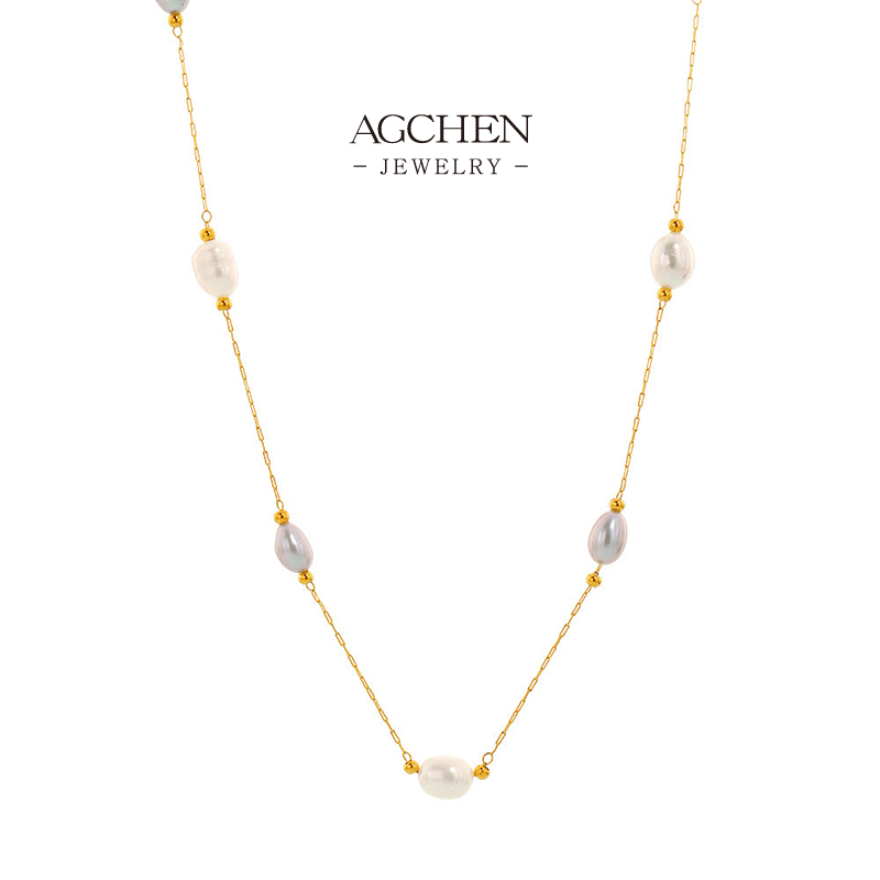 AGCHEN Pearl Strand Necklace Stainless Steel Layered Luster Jewelry AGP1303