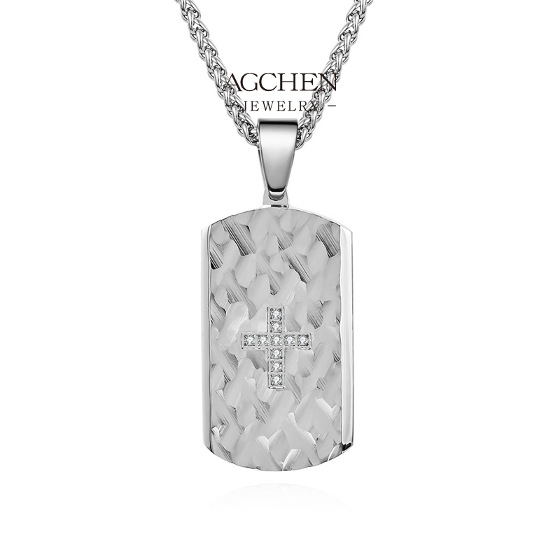 AGCHEN Men&rsquo;s Stainless Steel Square Plaque Cross Zirconia Pendant Necklace Custom Manufacturer Small MOQ AGDZ148