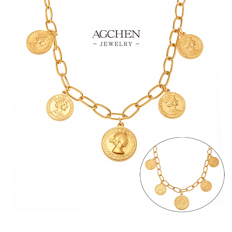 AGCHEN Stainless Steel Coin Pendant Necklace Vintage Custom Jewelry AGP840
