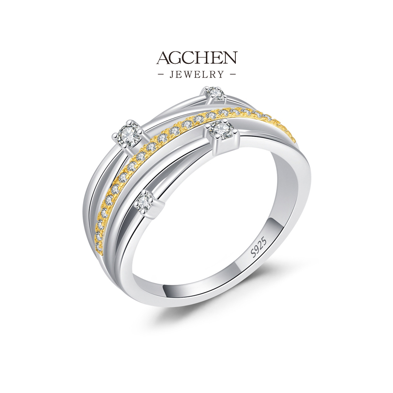 AGCHEN 925 Silver Two Tone Plated Ring Gold Silver Contrast Jewelry Modern Stackable Style AGRHR2002