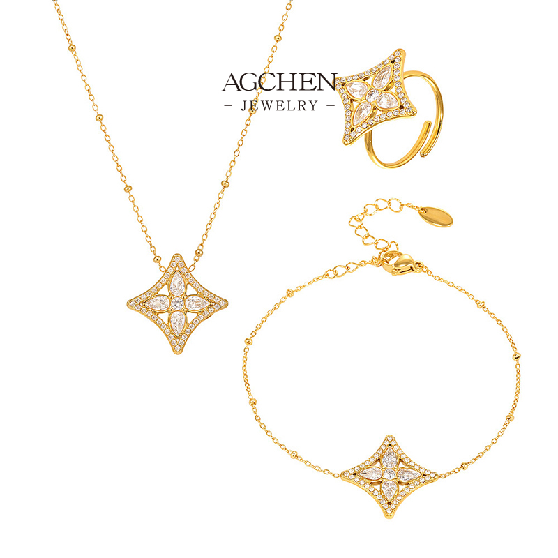 AGCHEN Diamond Shape Jewelry Set Necklace Bracelet Earrings Ring Geometric Collection AGTXP294