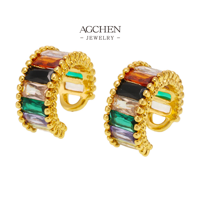 AGCHEN Stainless Steel Rainbow Zirconia Stud Earrings Multicolor Crystal Jewelry AGF1166