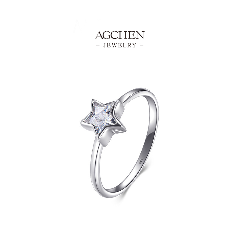 AGCHEN 925 Silver Star Zirconia Ring Celestial Birthstone Jewelry Trendy Gift For Women AGRHR467