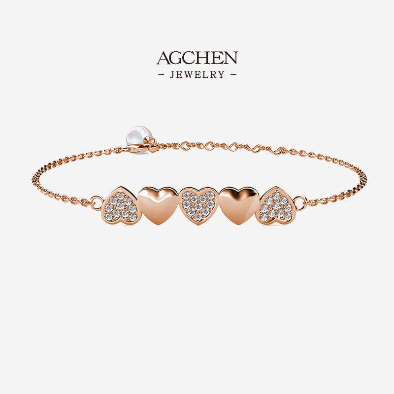 AGCHEN Zirconia And Polished Heart Alternating Bracelet Romantic Gift Design AGDB0172