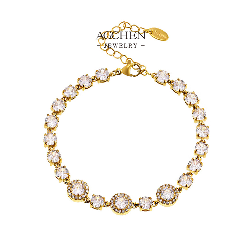 AGCHEN Stainless Steel Square Round Mixed Zirconia Line Bracelet Geometric Jewelry AGE591