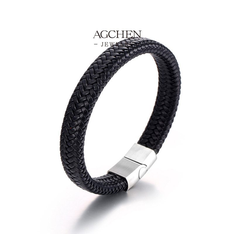 AGCHEN MEN&lsquo;S Stainless Steel PU Leather Bracelet Durable Goods Wholesale AGYL256