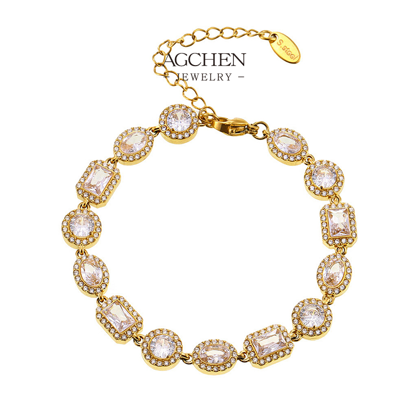 AGCHEN Stainless Steel Square Round Mixed Zirconia Line Bracelet Geometric Jewelry AGE590