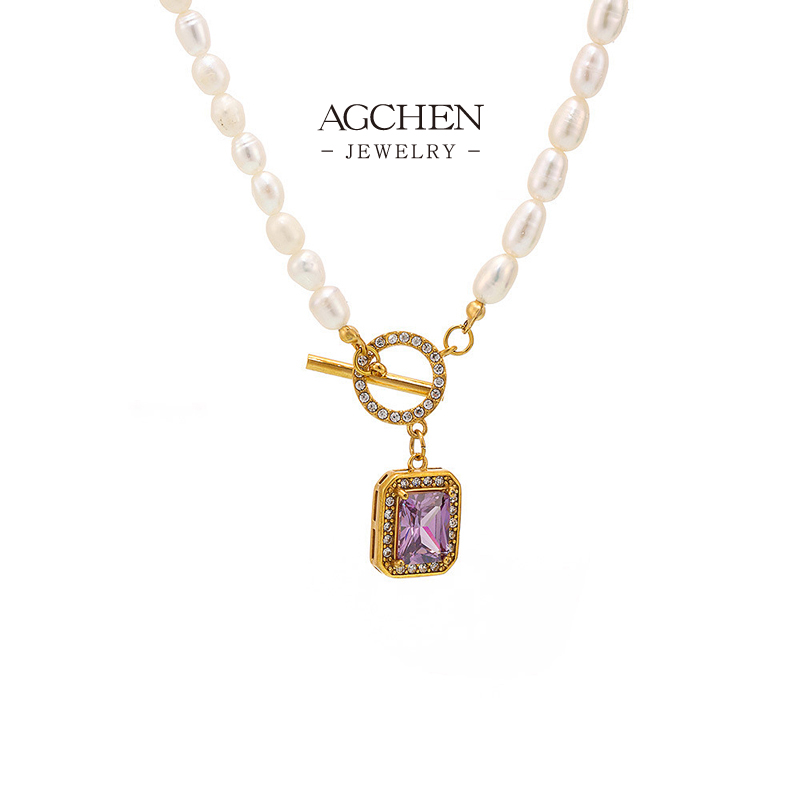 AGCHEN Stainless Steel OT Clasp Square Multi Color Zirconia Pearl Necklace Set AGP1244