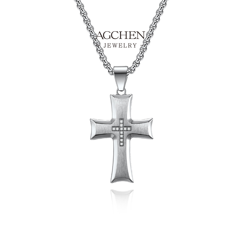 AGCHEN Stainless Steel Cross Pendant Necklace Classic Religious Jewelry Christian Faith Gift AGDZ065