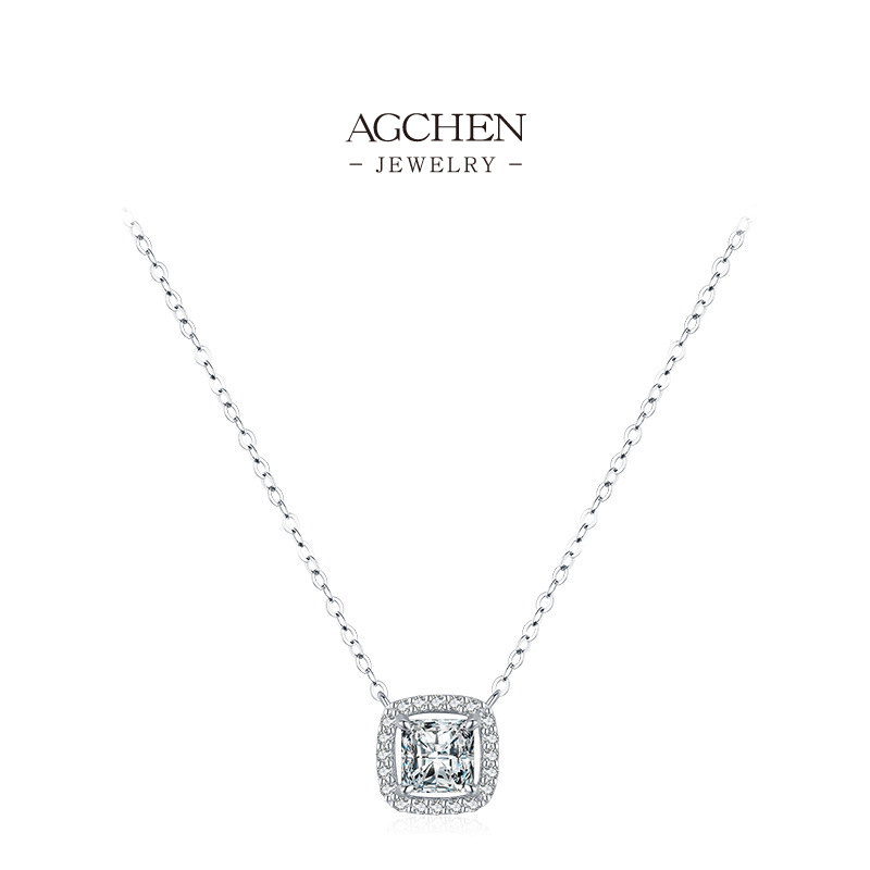 AGCHEN 925 Silver Square Cut Zirconia Pendant Necklace Modern Geometric Jewelry Statement Piece Hypoallergenic AGRHN1143