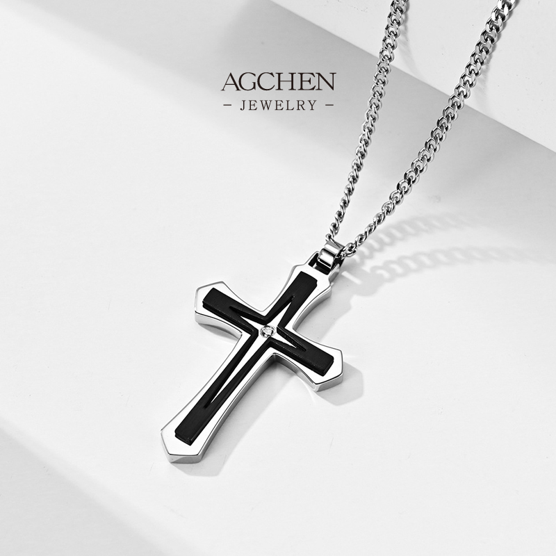 AGCHEN Stainless Steel Cross Pendant Necklace Christian Religious Jewelry Everyday Faith Gift AGDZ048