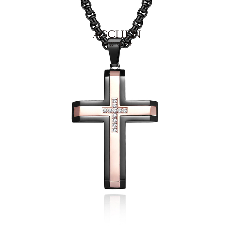 AGCHEN Stainless Steel Double Cross Necklace Two Layer Design Jewelry Modern Religious Style AGDZ074