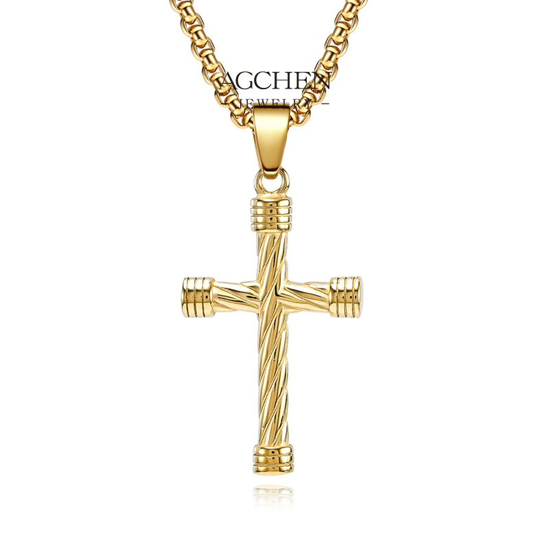 AGCHEN Stainless Steel Threaded Cross Pendant Necklace Textured Bar Design Modern Religious Jewelry AGDZ144