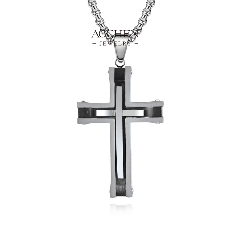 AGCHEN Stainless Steel Two Tone Cross Necklace Gold Silver Contrast Religious Jewelry Christian Faith Gift AGDZ141