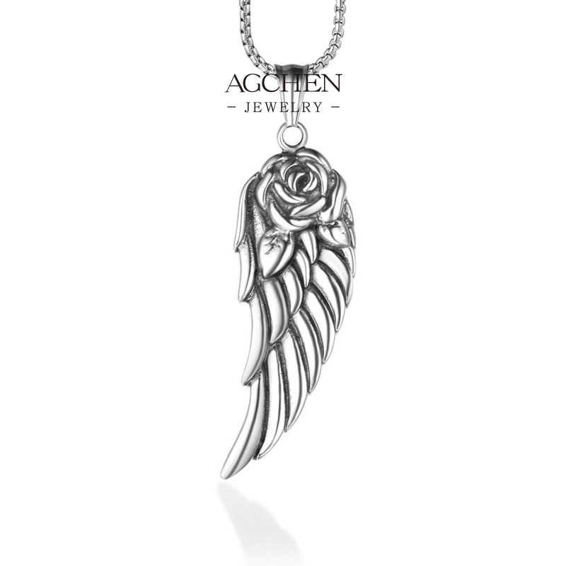 AGCHEN Stainless Steel Men Feather Pendant Necklace Native American Style Jewelry Bohemian Gift For Him AGSP750