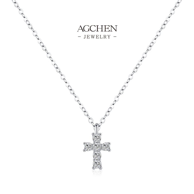AGCHEN 925 Silver Cross Zirconia Pendant Necklace Religious Faith Jewelry Hypoallergenic Gift For Her AGMSN0060