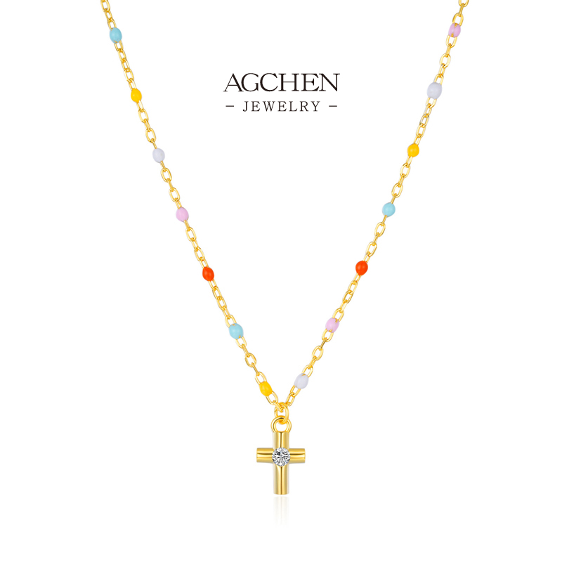 AGCHEN 925 Silver Multicolor Beaded Cross Pendant Necklay Festival Style Ethnic Jewelry Anti Tarnish Casual Wear AGRHN1742