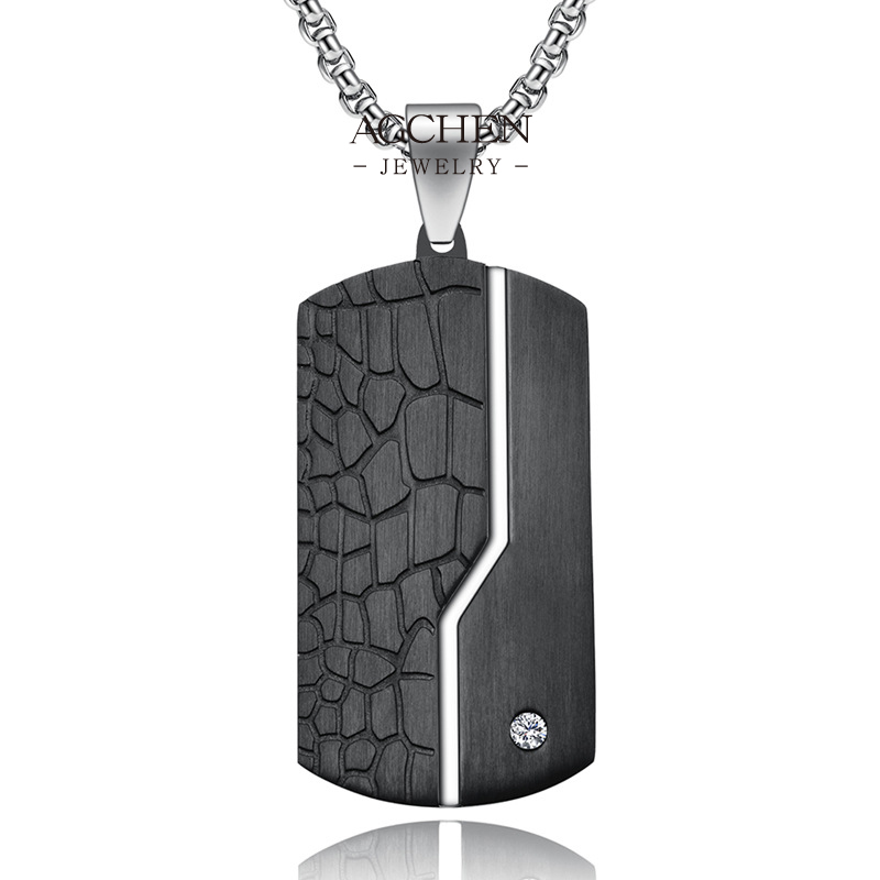 AGCHEN Stainless Steel Black Square Plaque Pendant Necklace Matte Finish Geometric Jewelry Unisex Everyday Wear AGDZ053